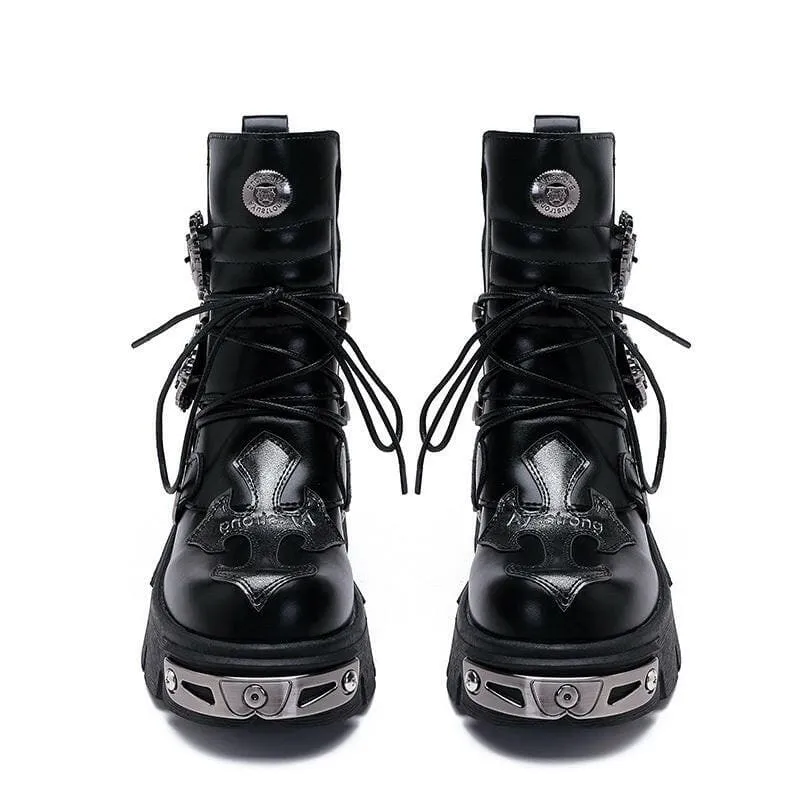 Black Leather Platform Boots with Metallic Buckles for Casual Punk Workwear