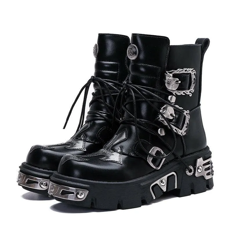 Black Leather Platform Boots with Metallic Buckles for Casual Punk Workwear