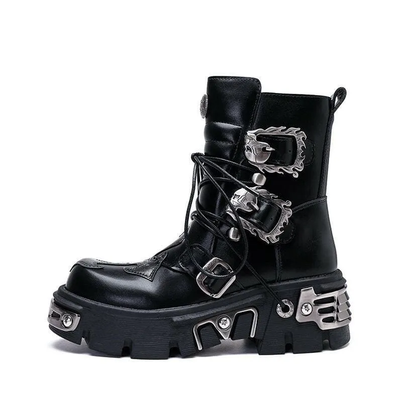 Black Leather Platform Boots with Metallic Buckles for Casual Punk Workwear