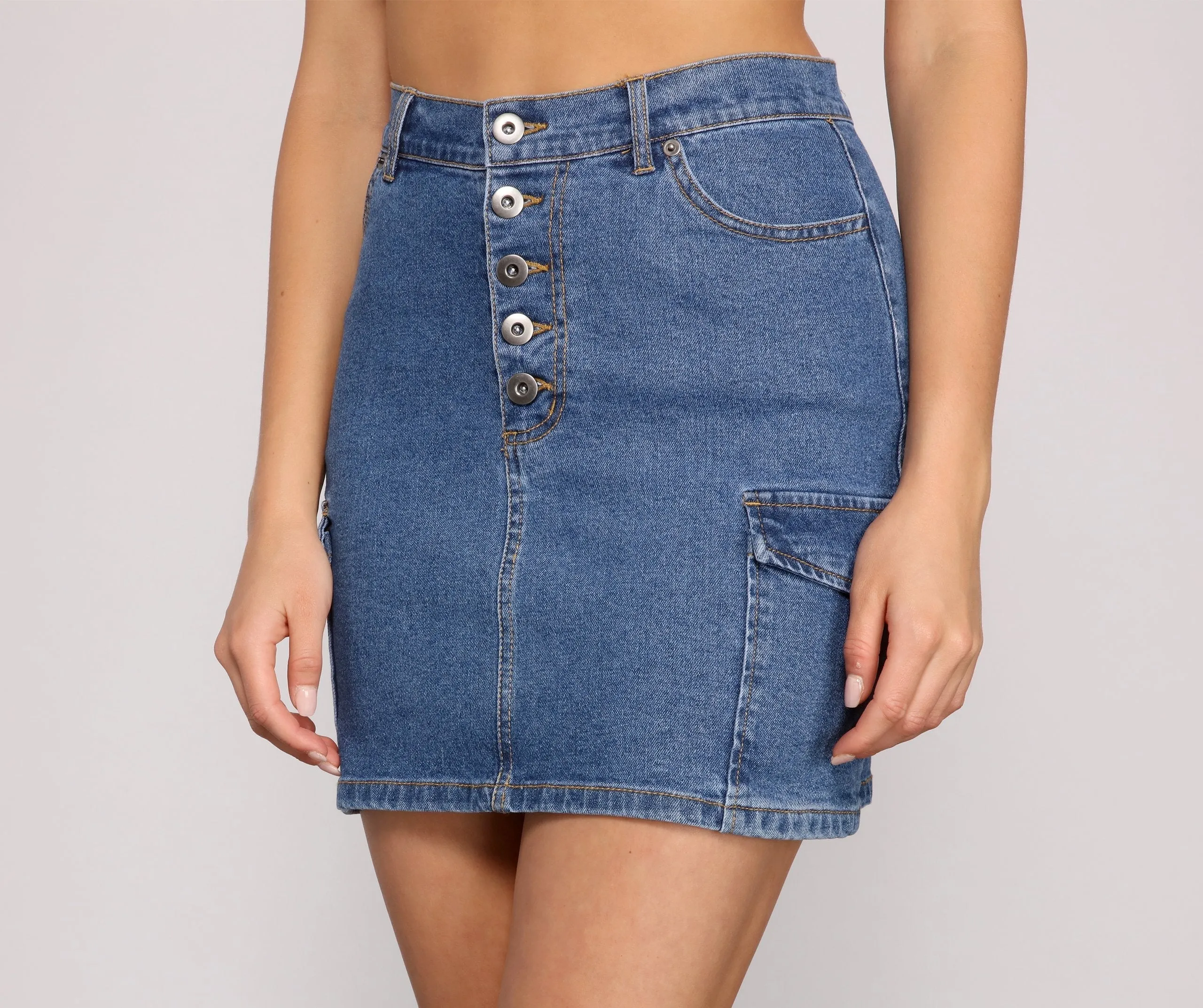 Button Up Cargo Denim Mini Skirt