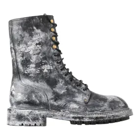 Dolce & Gabbana Chic Black Lace-Up Boots with Gray White Fade