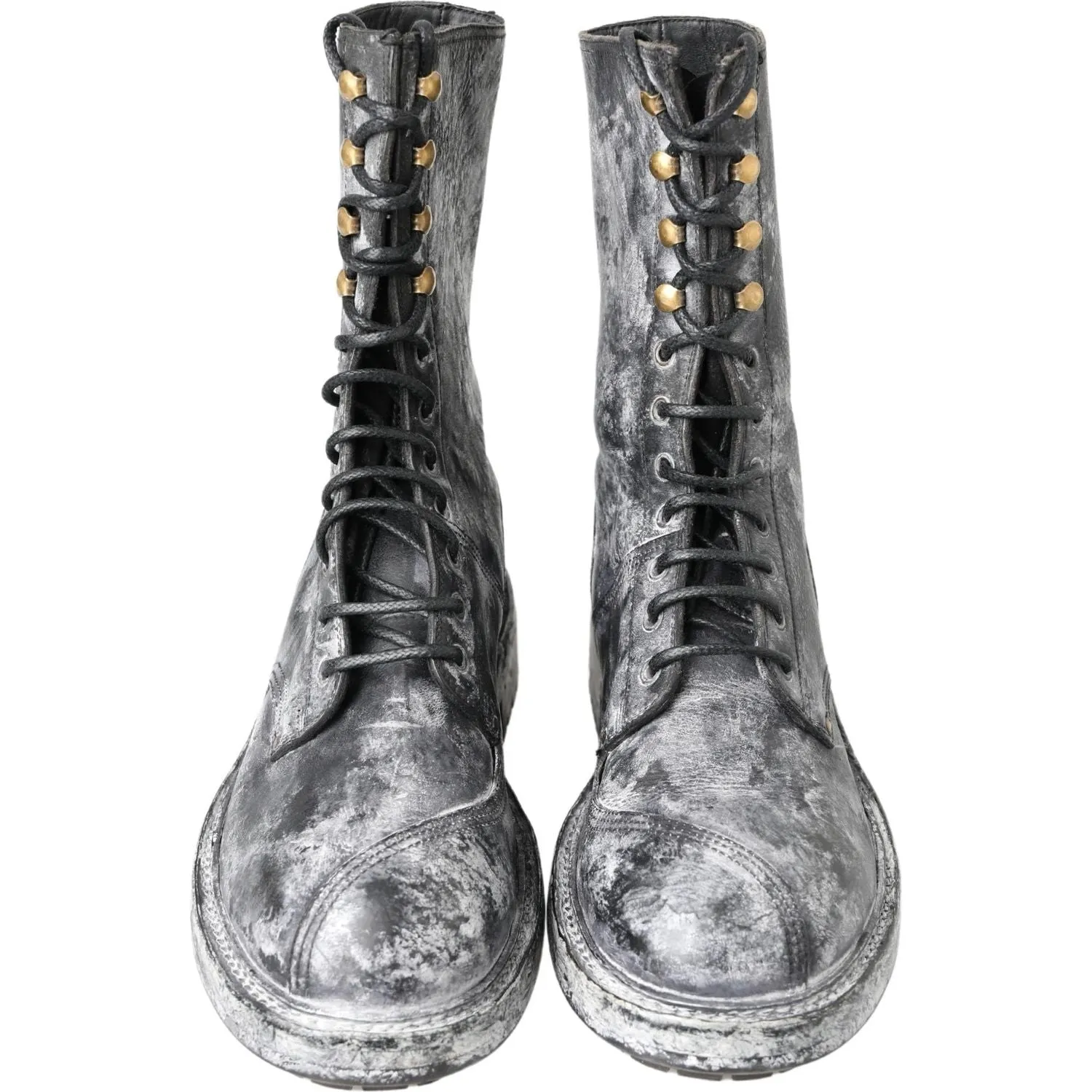 Dolce & Gabbana Chic Black Lace-Up Boots with Gray White Fade