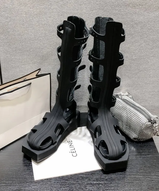 Fashion Black Hollow Out Rivet Zippered Splicing Platform Boots DD1014