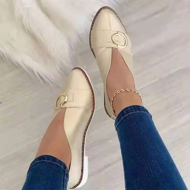 Fashion pointed toe metal buckle v cut slip on loafers women