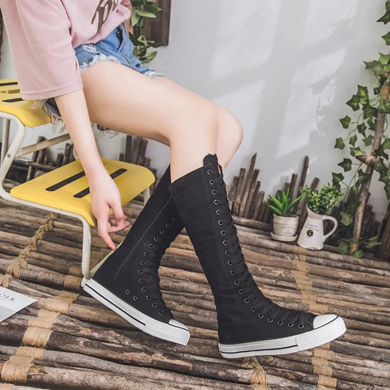 Funki Buys | Boots | Women's Long Lace Up Zipper Canvas Boot