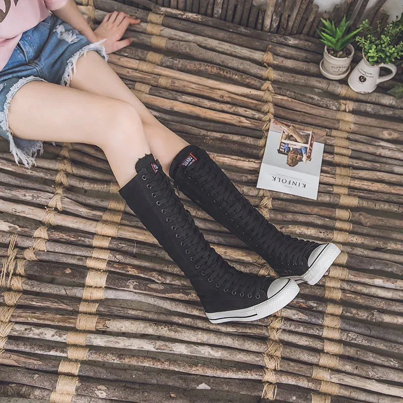 Funki Buys | Boots | Women's Long Lace Up Zipper Canvas Boot