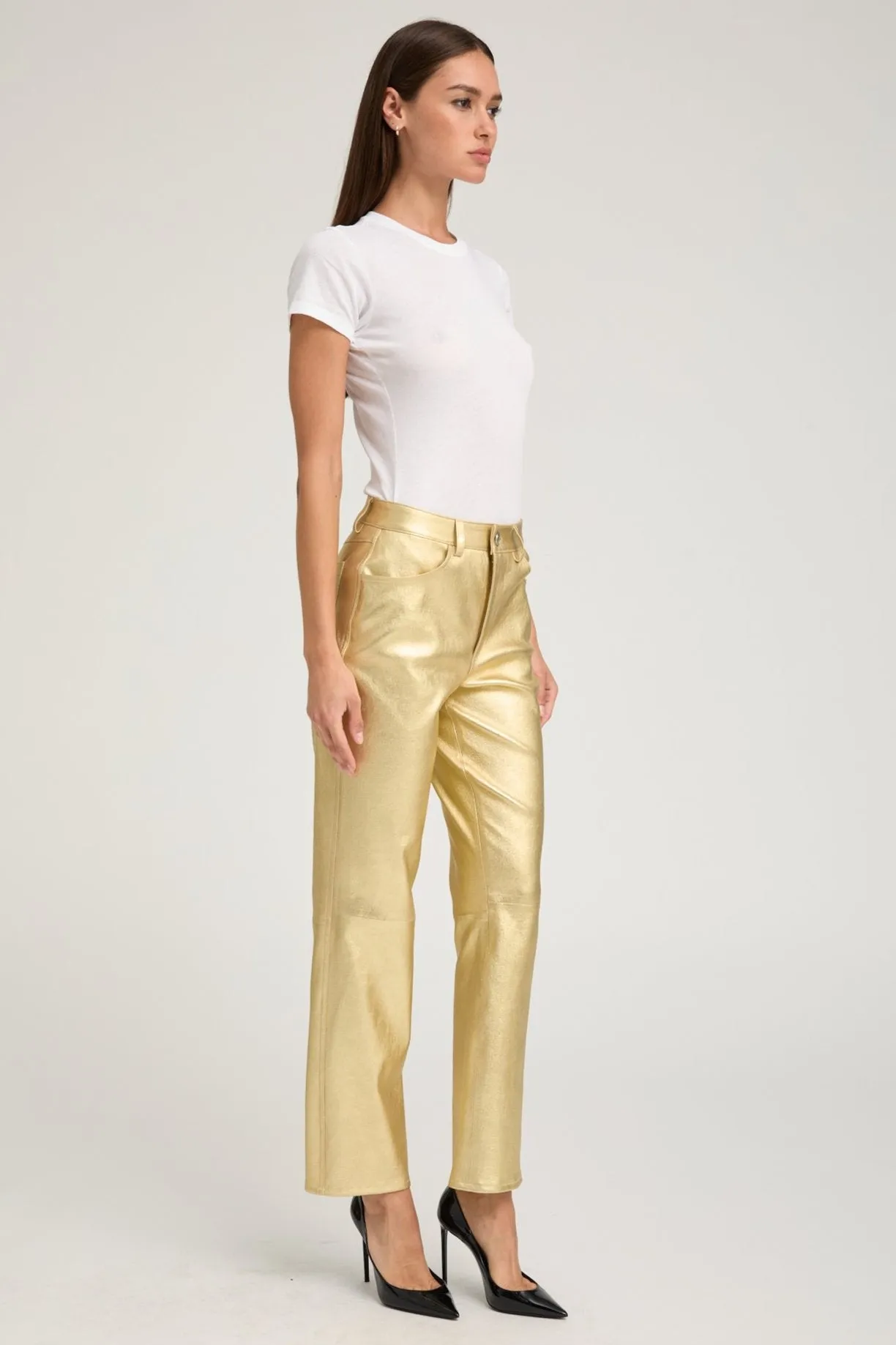 Metallic Gold Leather 5 Pocket Slim Straight