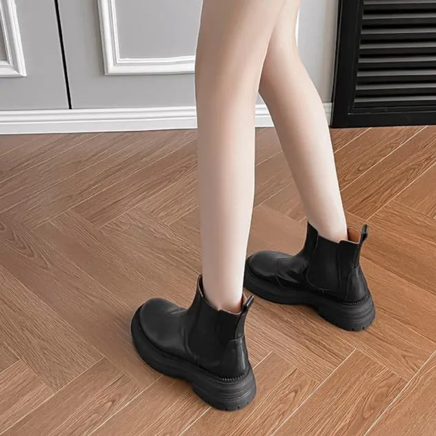 Platform Chelsea Boots for Women Chunky Leather Elastic Ankle Boots