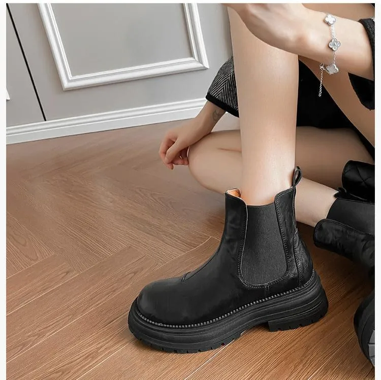 Platform Chelsea Boots for Women Chunky Leather Elastic Ankle Boots