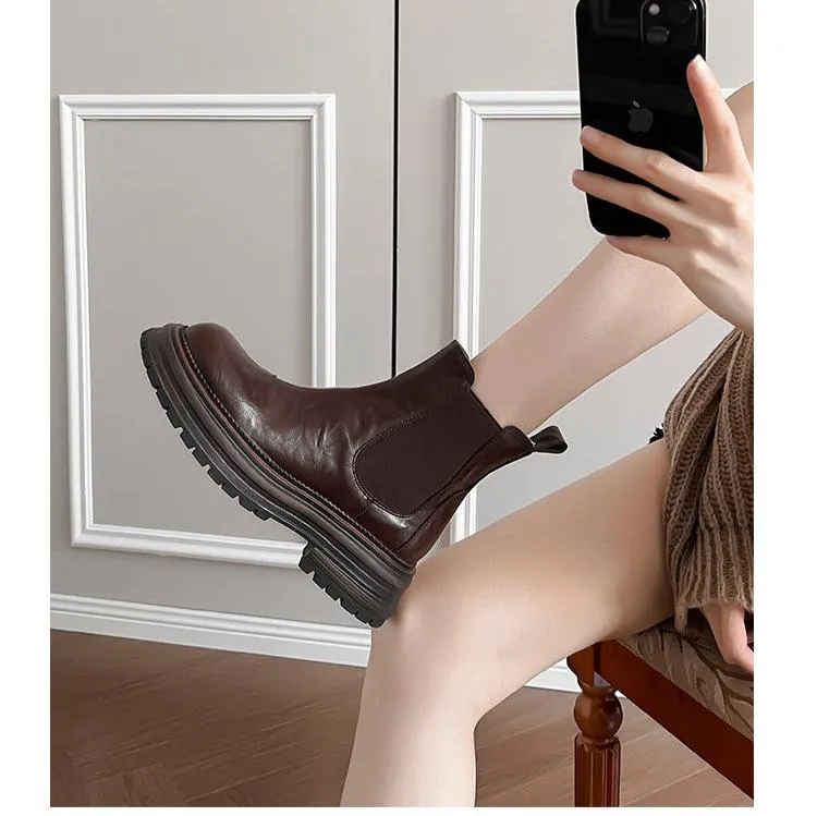 Platform Chelsea Boots for Women Chunky Leather Elastic Ankle Boots