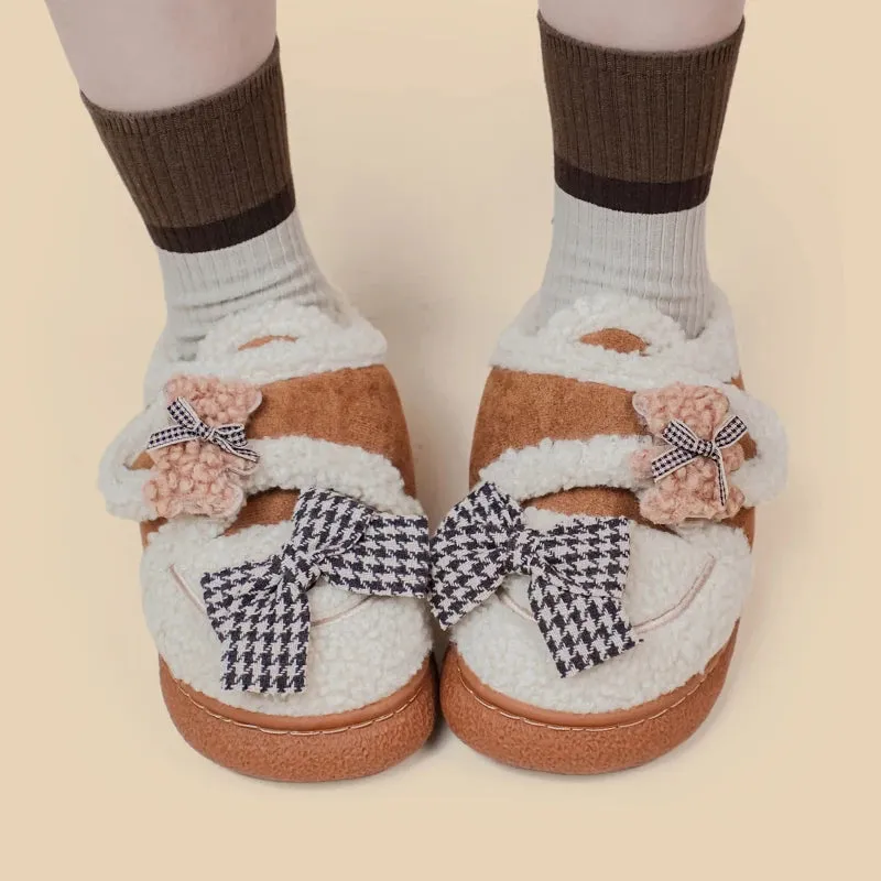 Ultra Soft Bears and Bows Velcro Strap Plush Shoes - Women's