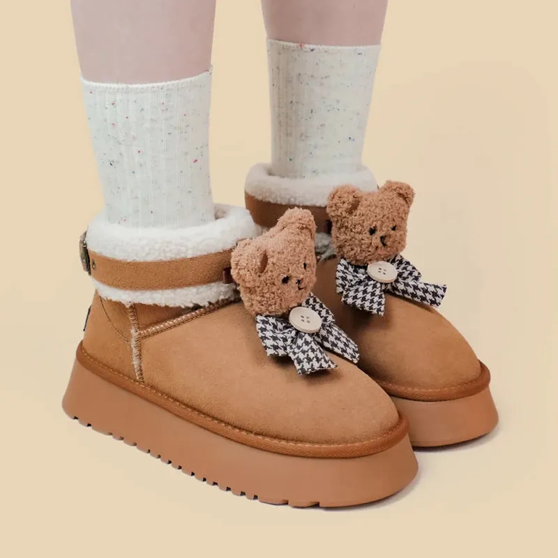 Ultra Soft Plush Bears and Bows Buckle Ankle Boots - Women's