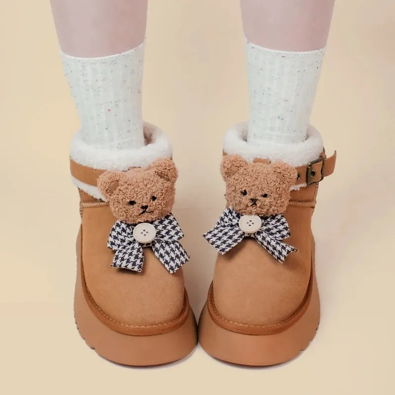 Ultra Soft Plush Bears and Bows Buckle Ankle Boots - Women's