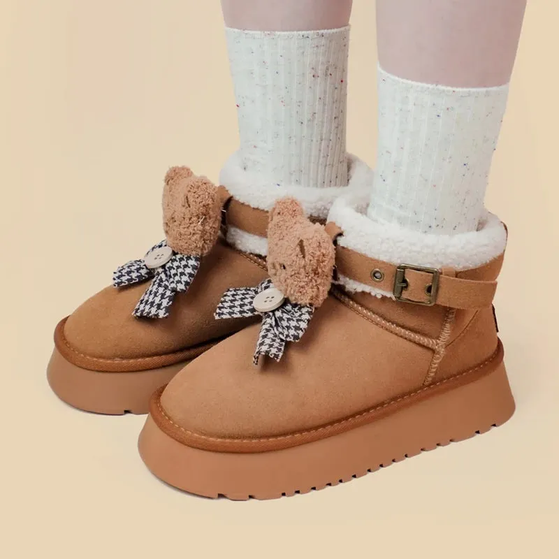 Ultra Soft Plush Bears and Bows Buckle Ankle Boots - Women's