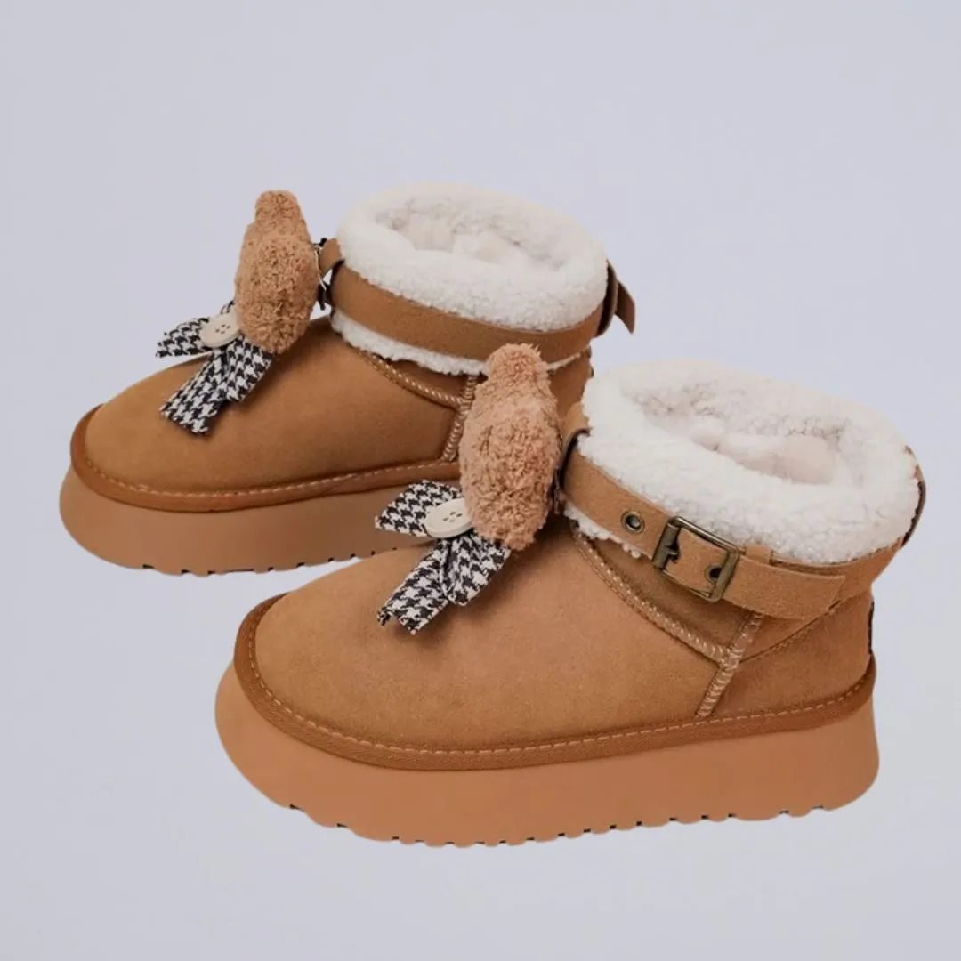 Ultra Soft Plush Bears and Bows Buckle Ankle Boots - Women's