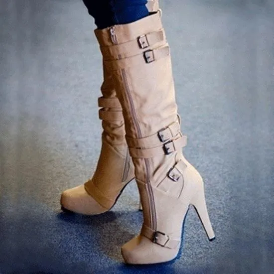 Women's stiletto high heeled platform knee high boots buckle strap boots