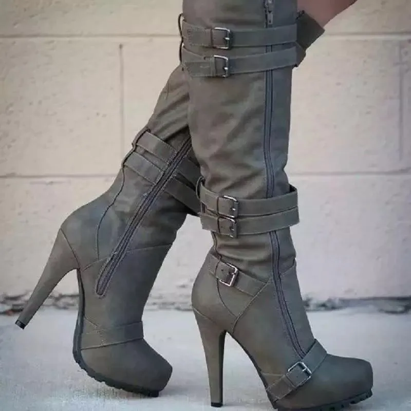 Women's stiletto high heeled platform knee high boots buckle strap boots