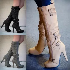 Women's stiletto high heeled platform knee high boots buckle strap boots